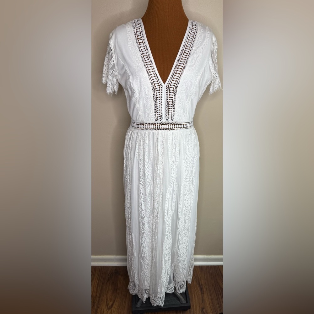 White V Neck Short Sleeve Floral Lace Wedding Bridesmaid Maxi Dress Small - Picture 4 of 10